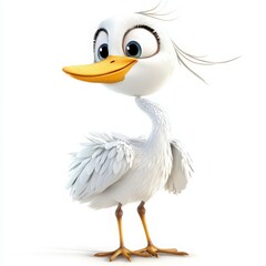Fototapeta premium Adorable cartoon seagull with big blue eyes and a bright orange beak, isolated on white, perfect for children's books or educational materials