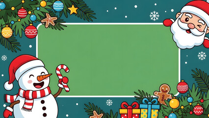 Festive Christmas Border with Santa Claus and Snowman, featuring gifts and candy cane