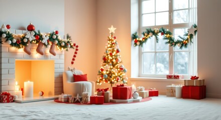 Cozy christmas room decor fireplace christmas tree gifts stockings garland window christmas decorations holiday cheer
