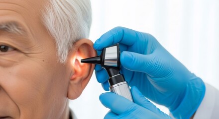 Doctor checking senior man ear with otoscope. Ear examination for elder health concept. Audiology and hearing diagnosis for aged patient.