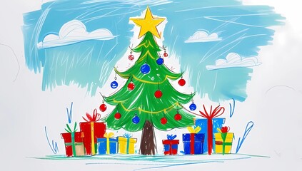 Christmas tree gifts holiday season winter celebration festive decoration ornament present joy sketch