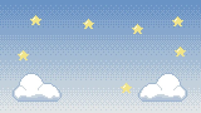 ドット絵のループする雲と星の待機画面・背景,文字無し,青