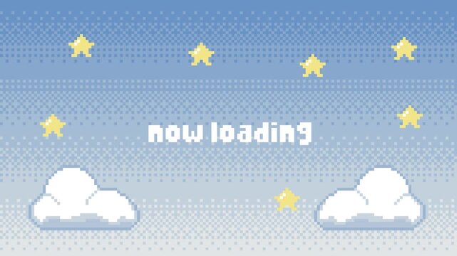 ドット絵のループする雲と星の待機画面・背景,青