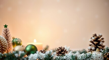 Christmas holiday decoration ornament background candle pinecone tree winter festive celebration decor balls