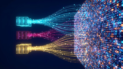 Vibrant digital streams converge into a sphere of data, illustrating network connections and information processing in a futuristic visualization.