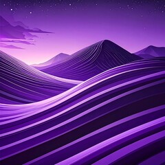 Surreal, abstract landscape of flowing, striped purple mountains under a starry night sky
