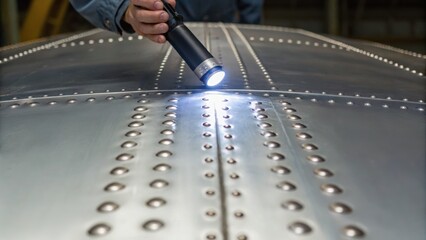 A hand holding a flashlight illuminates metal surfaces with rivets, showcasing detailed craftsmanship and inspection of an aircraft or metal structure.