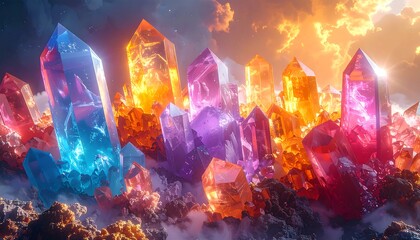 Clusters of vibrant, glowing crystals rise from a bed of fog, beneath a luminous, cloudy sky at twilight