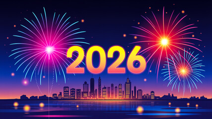 Digital illustration of 2026 fireworks over city skyline, glowing 3D text