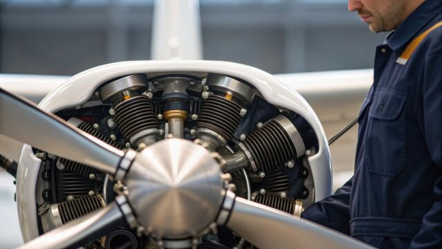 A mechanic inspects a small aircraft engine with a propeller, showcasing intricate details and craftsmanship in aviation maintenance.
