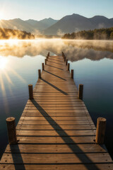 Obraz premium Wooden dock extending into misty lake at sunrise with mountain silhouettes and golden light reflecting on calm water.