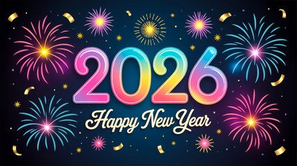 Festive 2026 New Year card with dark blue sky, colorful fireworks