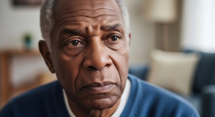 Close up of an elderly African american man looking thoughtfully or sadly at home. Concept of aging, health, loneliness, and mental well-being for seniors.