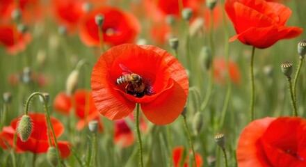 Naklejka premium A close-up view of a vibrant red poppy with a bee inside, surrounded by a field of blooming poppies and green foliage.