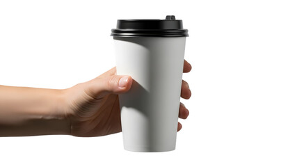 Hand holding a tall white paper coffee cup against black background