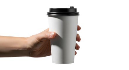 Hand holding a tall white paper coffee cup against black background
