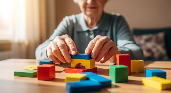 Elderly woman plays with colorful building block for cognitive therapy, memory improvement, and fine motor skill practice. Dementia prevention concept.