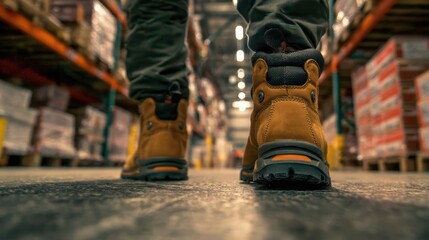 Close-Up of Safety Boots in Warehouse Environment Capturing the Importance of Personal Protective Equipment in the Workplace