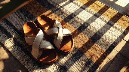 Casual Summer Sandals on a Sunny Balcony with Decorative Rug and Soft Shadows Creating a Relaxing Atmosphere