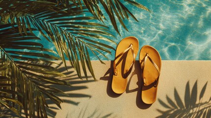 Close-Up of Comfortable Sandals Near a Tropical Resort Poolside Surrounded by Lush Greenery in Bright Summer Sunshine
