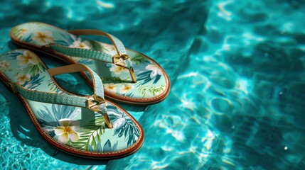 Close-Up View of Colorful Sandals by a Refreshing Tropical Poolside in a Summer Resort Setting