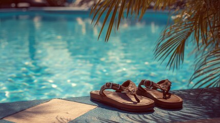 Relaxing Close-Up of Brown Sandals on Tropical Resort Poolside with Refreshing Water in Summer Setting