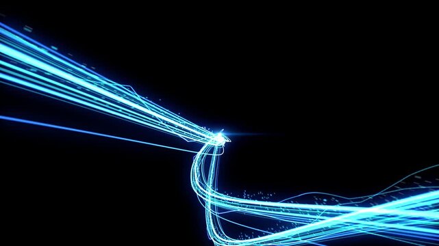 Blue glowing particles flip the light, high-tech data transmission, particle stripes flow. Glowing lines, background, streamlined rays
