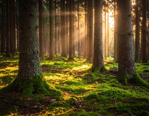 Sunlight streams through tall trees in a lush forest with a green mossy undergrowth. Beams illuminate the scene