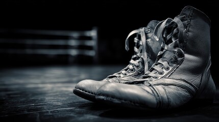 Dramatic Close-Up of Worn Leather Wrestling Shoes on Mat in Dimly Lit Sports Arena Capturing the Essence of Intense Competition