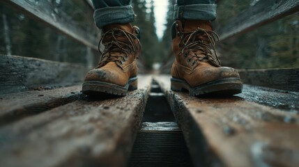 Close-Up Adventure with Brown Boots on a Wooden Bridge Surrounded by Lush Green Trees in a Cinematic Landscape Scene