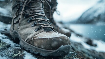 Close-Up of Alpine Boots on Snowy Rocks in a Cinematic Adventure Setting with a Cold Atmosphere and Scenic Background