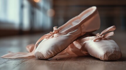 Obraz premium Close-Up of Elegant Ballet Shoes Resting on Dance Studio Floor, Capturing Graceful Details and Soft Textures in a Serene Environment