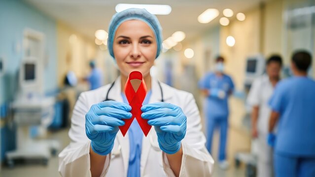 Caring healthcare professional holds red ribbon symbol for awareness in hospital corridor