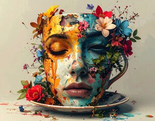 Surreal art depicting a face emerging from a teacup adorned with colorful flowers
