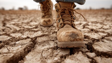 Close-up of Desert Boots Stepping on Cracked Earth in a Dry Landscape with Focus on Footwear and Ground Texture