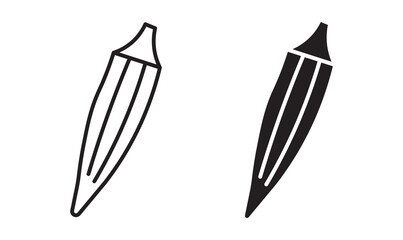 Okra , ladyfinger vegetable icon set in outline and silhouette style, representing fresh produce, healthy food, and cooking ingredients, vector illustration.