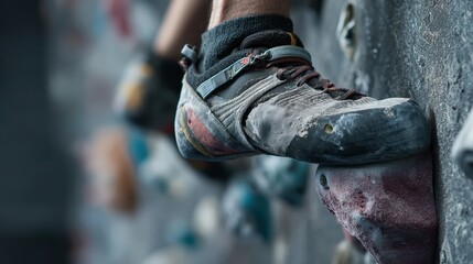 Close-Up of Climbing Shoe Gripping an Artificial Wall in Indoor Climbing Gym Setting, Showcasing Technique and Precision for Climbers and Enthusiasts