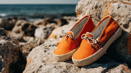 Close-Up of Bright Orange Espadrilles Resting on Coastal Rocks by the Seashore in Summer Sunshine