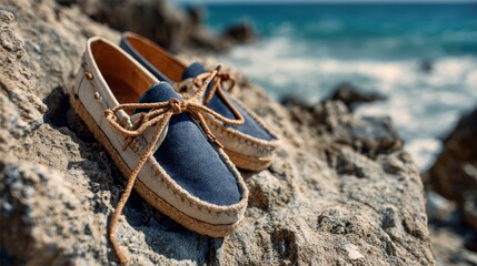 Casual Espadrilles Placed on Coastal Rocks with Summer Waves in the Background Capturing a Relaxing Outdoor Vibe Close Up
