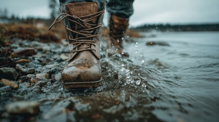 Close-Up of a Fisherman Walking in Shallow Water with Rustic Boots in a Natural Setting on a Cloudy Day
