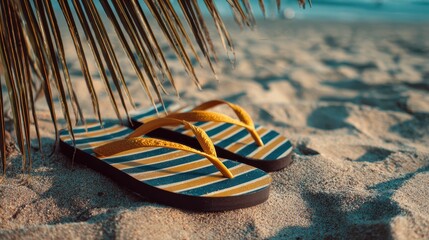Bright Yellow and Blue Striped Flip Flops Resting on Soft Sand at a Tropical Beach During a Summer Day