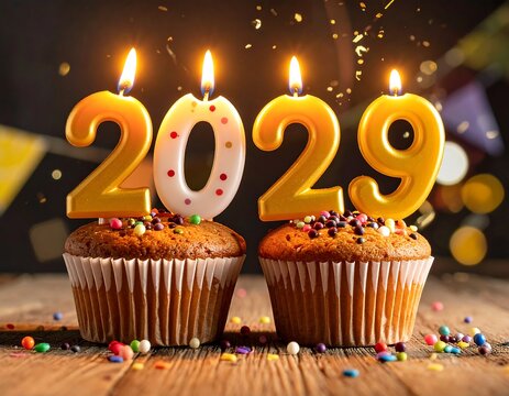 Two cupcakes topped with lit candles spelling out the year 2029 on a rustic wooden table