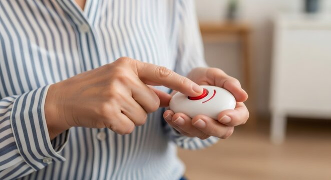 Woman pressing red emergency alarm button. Elderly care with personal medical alert system for senior safety and health concept.