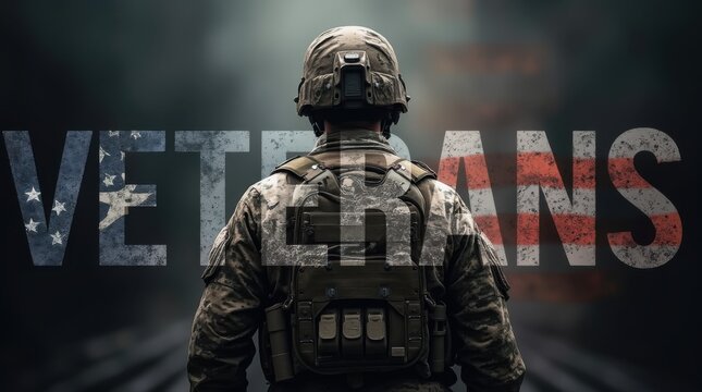 Soldier in Camouflage Uniform and Helmet Against Grungy American Flag Background. Veterans Day concept 
 - Powered by Adobe