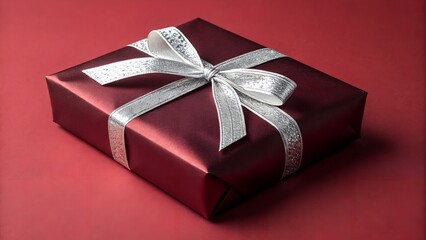 Dark red gift box with silver ribbon on red background.