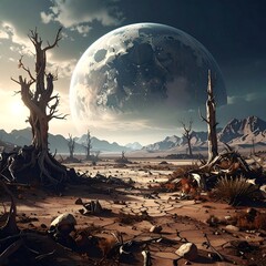Surreal, alien landscape featuring dead trees, mountains, and a giant planet. Stark, ominous sky
