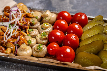 Assorted pickled vegetables and mushrooms platter