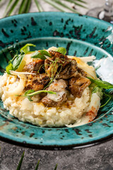 Creamy mushroom risotto with parmesan closeup