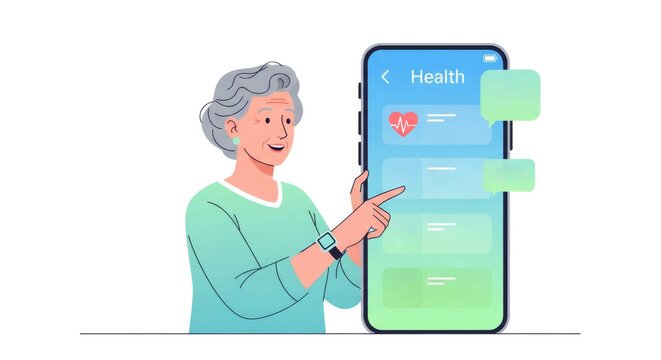 Old woman points to health app on smartphone, showcasing digital wellness for elderly. Telemedicine for senior well-being. Modern health technology. - Powered by Adobe