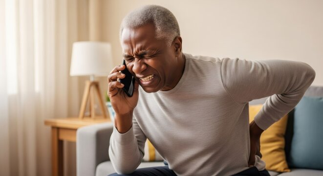 Older african american man experiencing severe back pain while talking on cell phone. Elderly health issue and need for medical assistance.